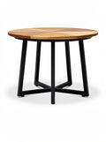 **Technische titel in het Nederlands: "Ronde houten tafel met metalen poten"**