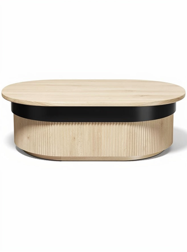 **Technische titel in het Nederlands: Moderne eettafel van hout met een zwarte accentrand**